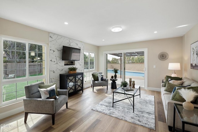 living room with wood-type flooring and a healthy amount of sunlight