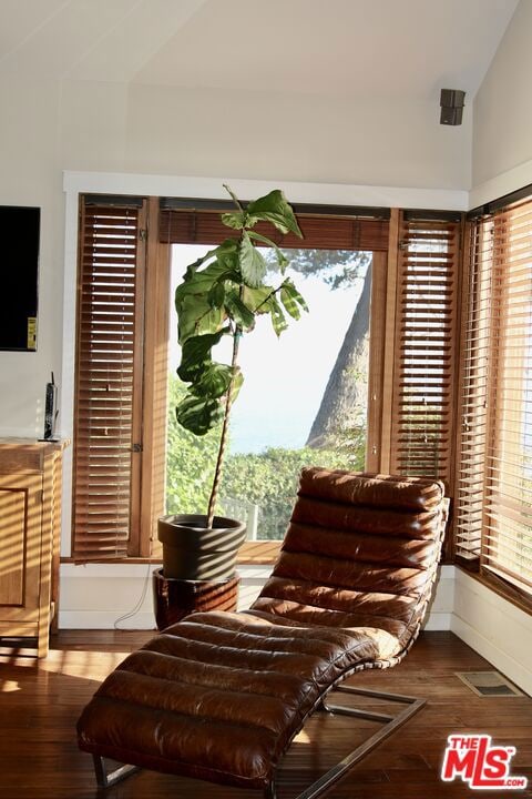 living area with hardwood / wood-style flooring, lofted ceiling, and a wealth of natural light