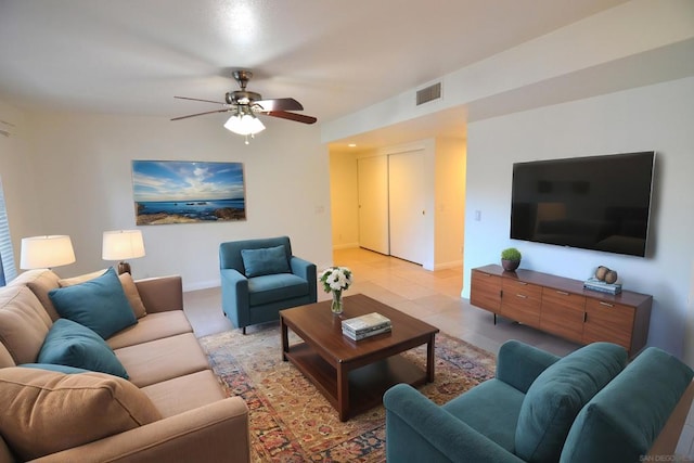 living room with ceiling fan