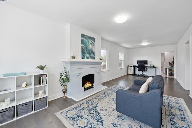 living room featuring a fireplace and dark hardwood / wood-style floors