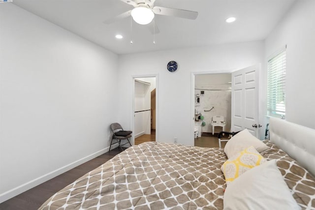 bedroom with dark wood-type flooring and ceiling fan