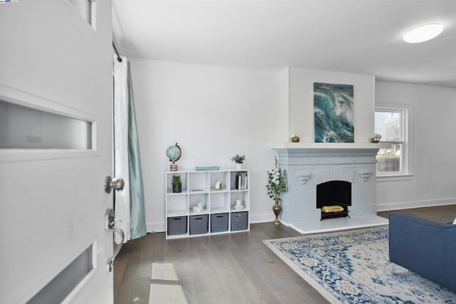 living room featuring a fireplace and dark hardwood / wood-style flooring