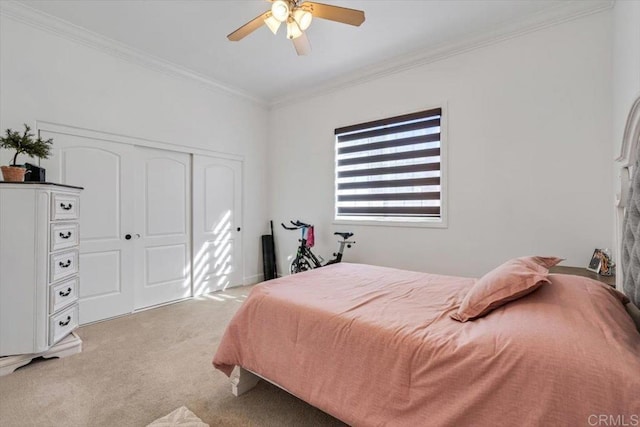 carpeted bedroom featuring ceiling fan, ornamental molding, and a closet