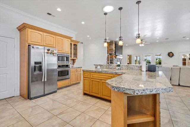 kitchen with french doors, sink, hanging light fixtures, ornamental molding, and appliances with stainless steel finishes