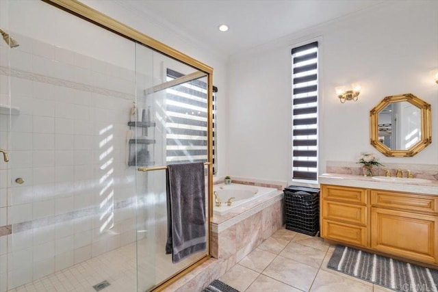 bathroom with vanity, ornamental molding, tile patterned floors, and plus walk in shower