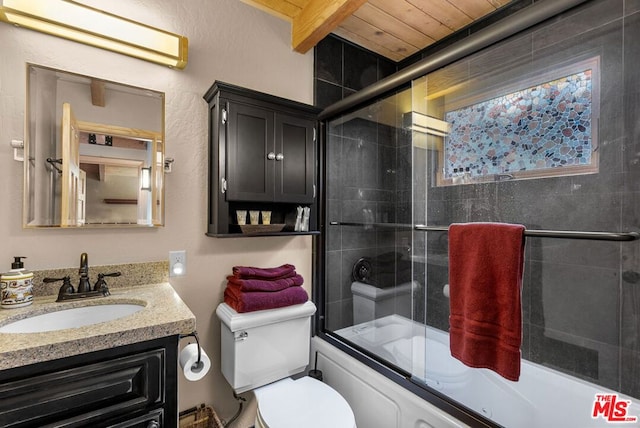 full bathroom with toilet, wooden ceiling, vanity, enclosed tub / shower combo, and beam ceiling