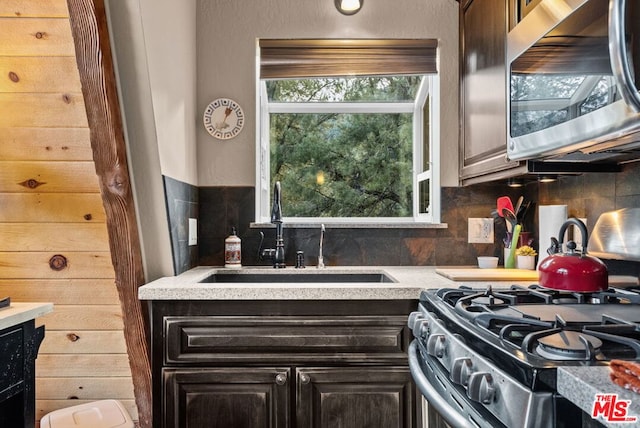 kitchen featuring tasteful backsplash, appliances with stainless steel finishes, sink, and dark brown cabinets