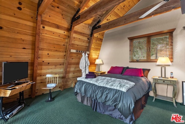 bedroom with lofted ceiling with beams, wooden ceiling, and dark carpet