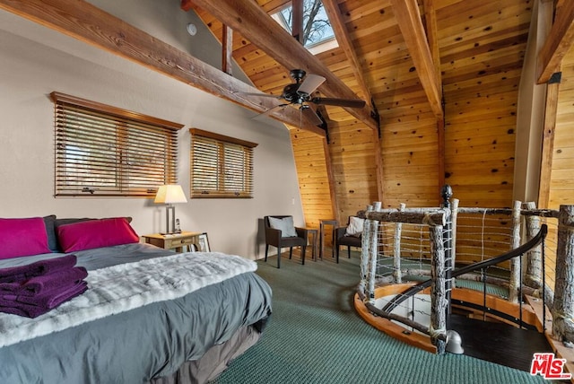 bedroom featuring wood ceiling, a skylight, high vaulted ceiling, carpet flooring, and beamed ceiling