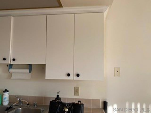 details with white cabinetry and sink