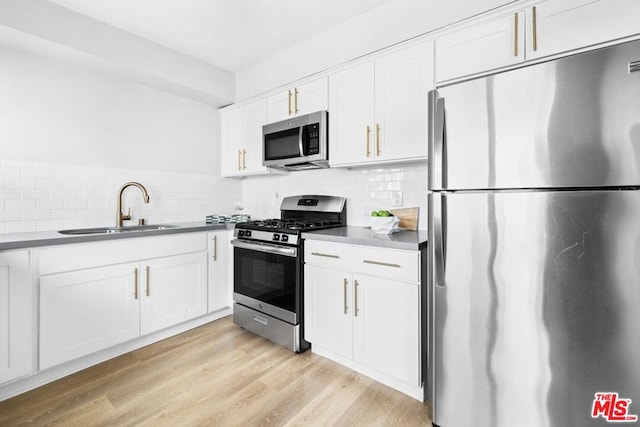 kitchen with sink, light hardwood / wood-style flooring, stainless steel appliances, white cabinets, and decorative backsplash