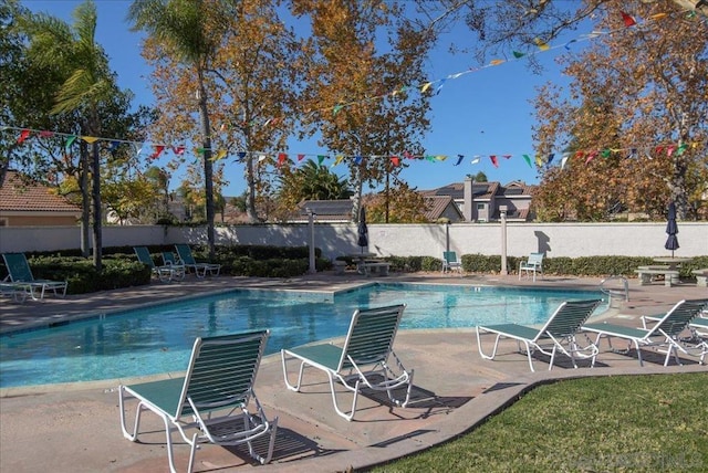 view of swimming pool featuring a patio area