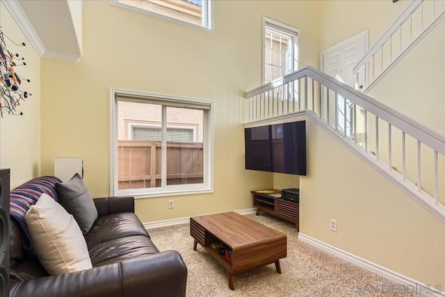 carpeted living room featuring crown molding