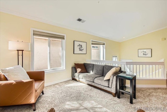 living room featuring lofted ceiling, light carpet, and ornamental molding