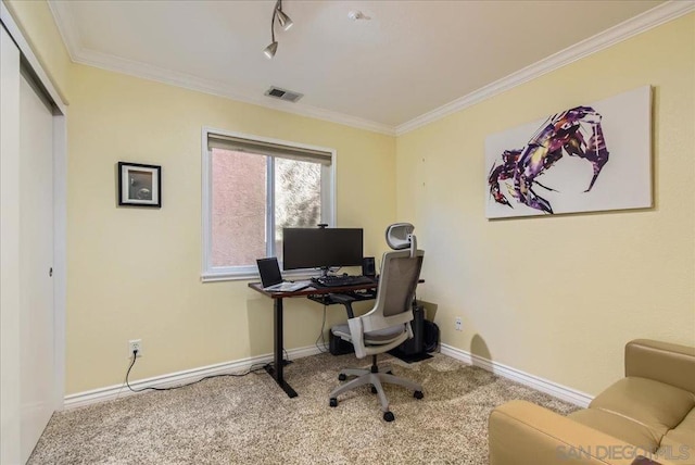 office space with ornamental molding and carpet