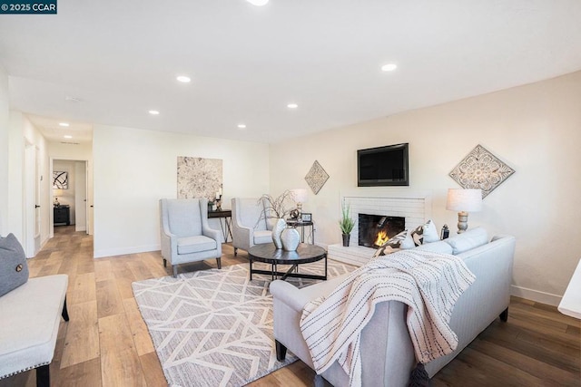 living room with hardwood / wood-style floors and a fireplace