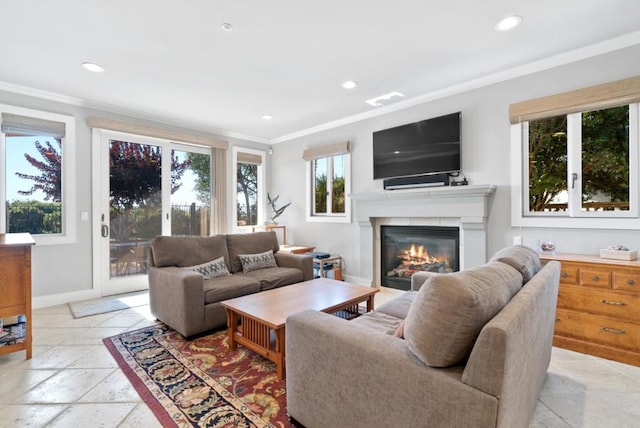 living room with crown molding