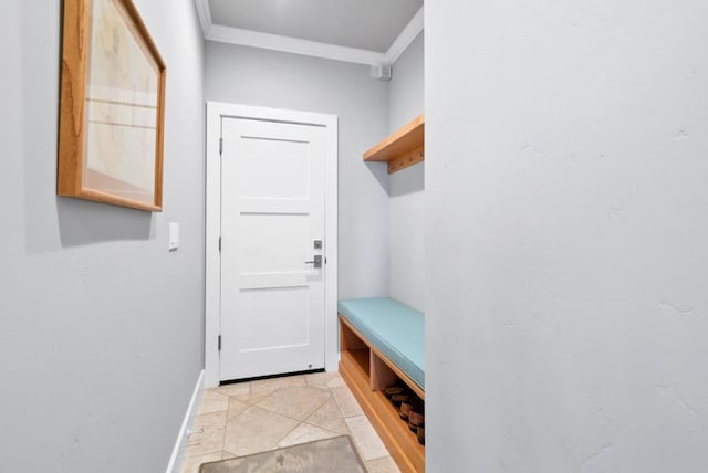 mudroom featuring crown molding