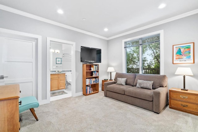 carpeted living room featuring crown molding