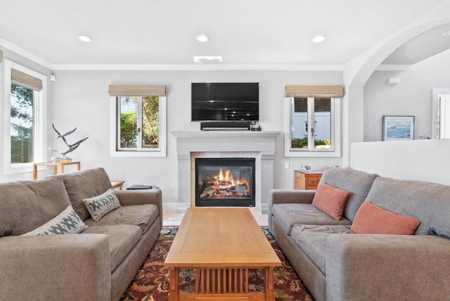 living room with crown molding