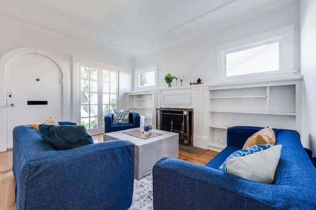 living room featuring ornamental molding and light hardwood / wood-style floors