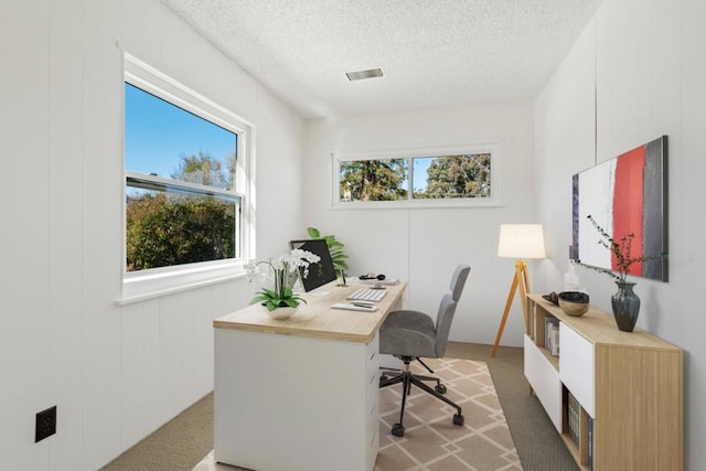 office featuring a healthy amount of sunlight and a textured ceiling