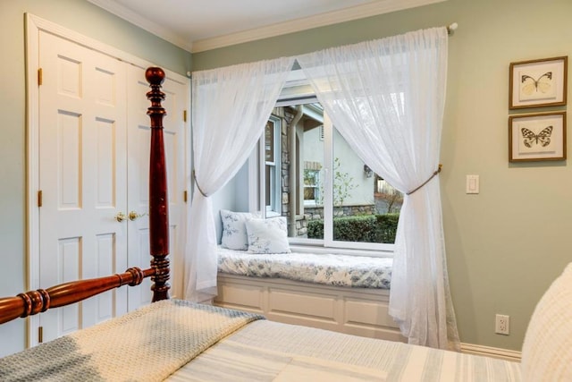 bedroom featuring crown molding and a closet