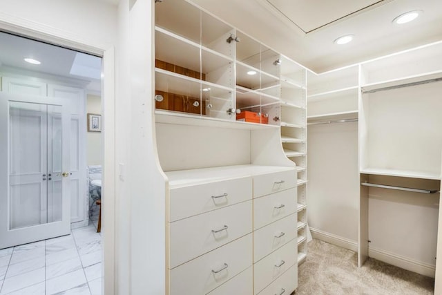 walk in closet with light colored carpet