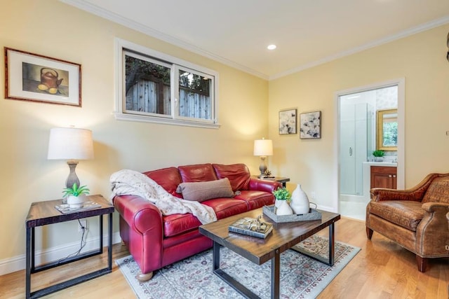 living room with crown molding and light hardwood / wood-style floors