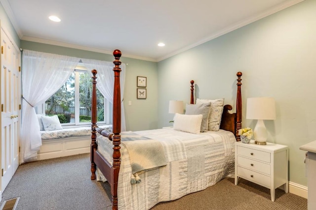 carpeted bedroom featuring ornamental molding