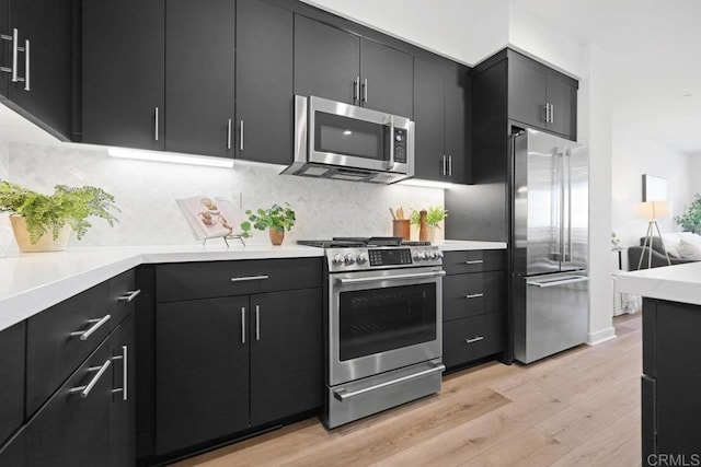 kitchen featuring tasteful backsplash, light wood-type flooring, and appliances with stainless steel finishes