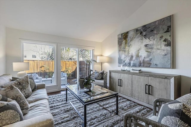 living room featuring hardwood / wood-style flooring and vaulted ceiling