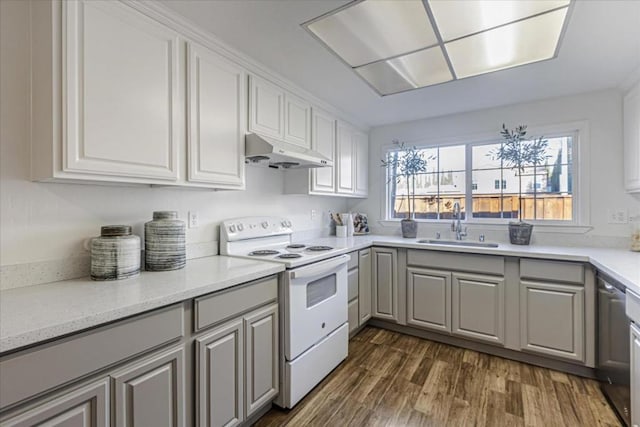 kitchen featuring sink, gray cabinets, dark hardwood / wood-style floors, light stone countertops, and white electric stove