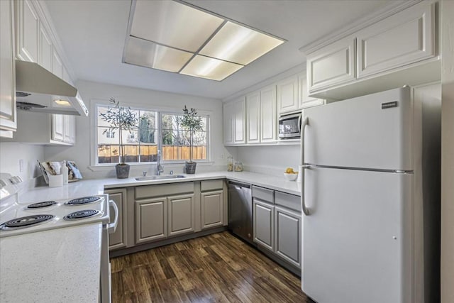 kitchen featuring ventilation hood, white cabinetry, appliances with stainless steel finishes, and sink