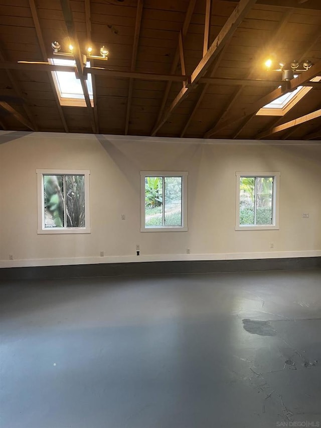 spare room featuring wood ceiling and vaulted ceiling with skylight