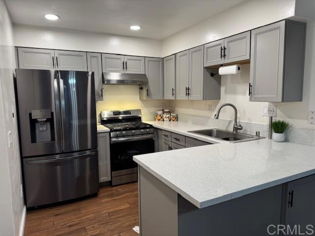 kitchen with under cabinet range hood, gray cabinets, a peninsula, stainless steel appliances, and a sink