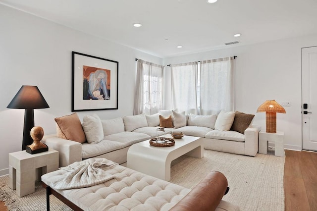 living room with light hardwood / wood-style flooring