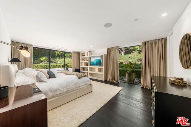 bedroom featuring floor to ceiling windows and dark hardwood / wood-style flooring