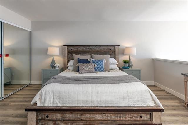 bedroom with hardwood / wood-style floors and a closet