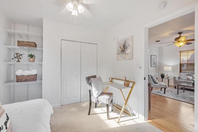 office featuring ceiling fan and light hardwood / wood-style flooring