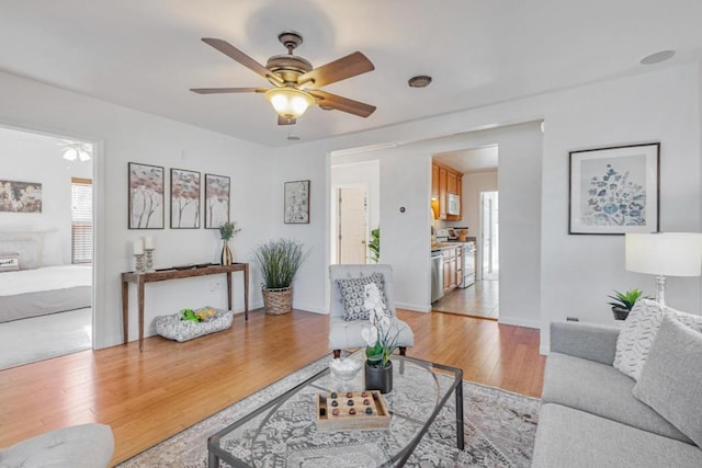 living room with ceiling fan and light wood-type flooring