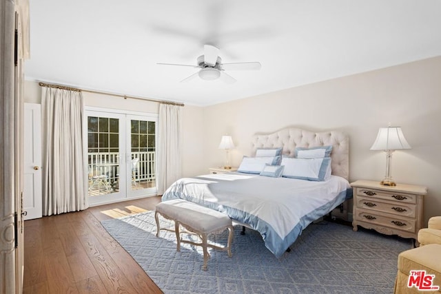 bedroom featuring dark hardwood / wood-style flooring, access to exterior, french doors, and ceiling fan