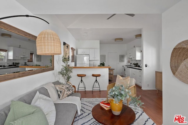 living room featuring wood-type flooring and sink