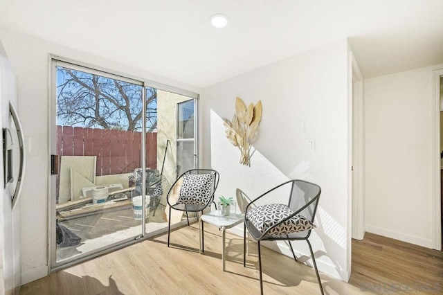 living area featuring light hardwood / wood-style floors and expansive windows