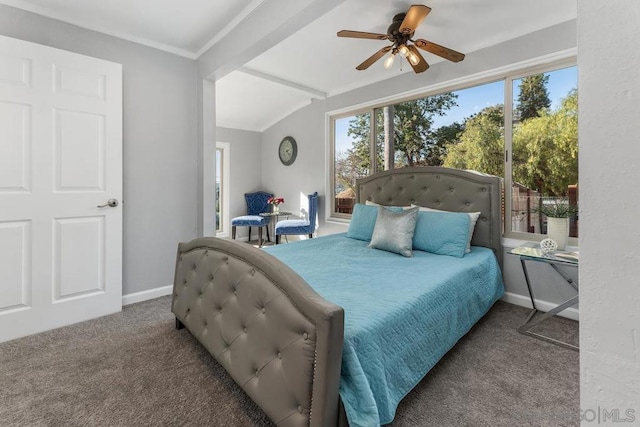 carpeted bedroom with vaulted ceiling with beams, crown molding, and ceiling fan