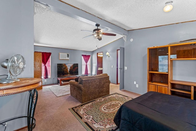 carpeted bedroom featuring ceiling fan, lofted ceiling with beams, and a textured ceiling