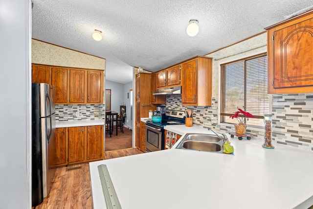 kitchen featuring sink, light hardwood / wood-style flooring, kitchen peninsula, stainless steel appliances, and decorative backsplash