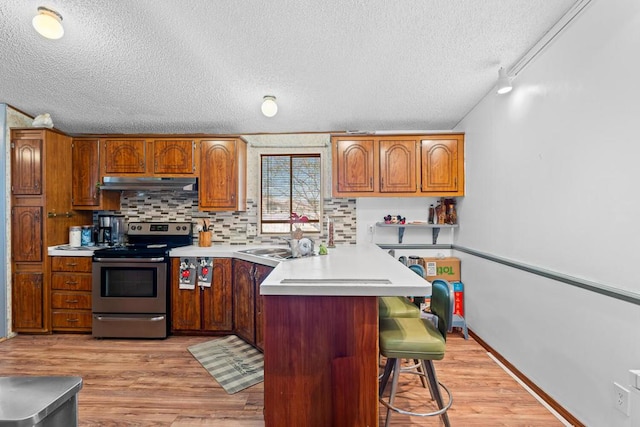 kitchen featuring decorative backsplash, a breakfast bar area, electric range, and light hardwood / wood-style flooring