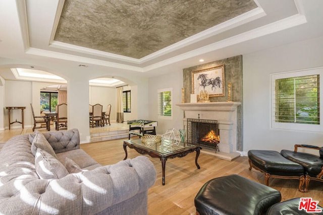 living room featuring a fireplace, a tray ceiling, ornamental molding, and light hardwood / wood-style floors