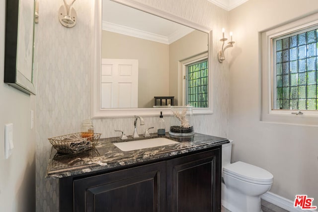 bathroom featuring ornamental molding, vanity, and toilet